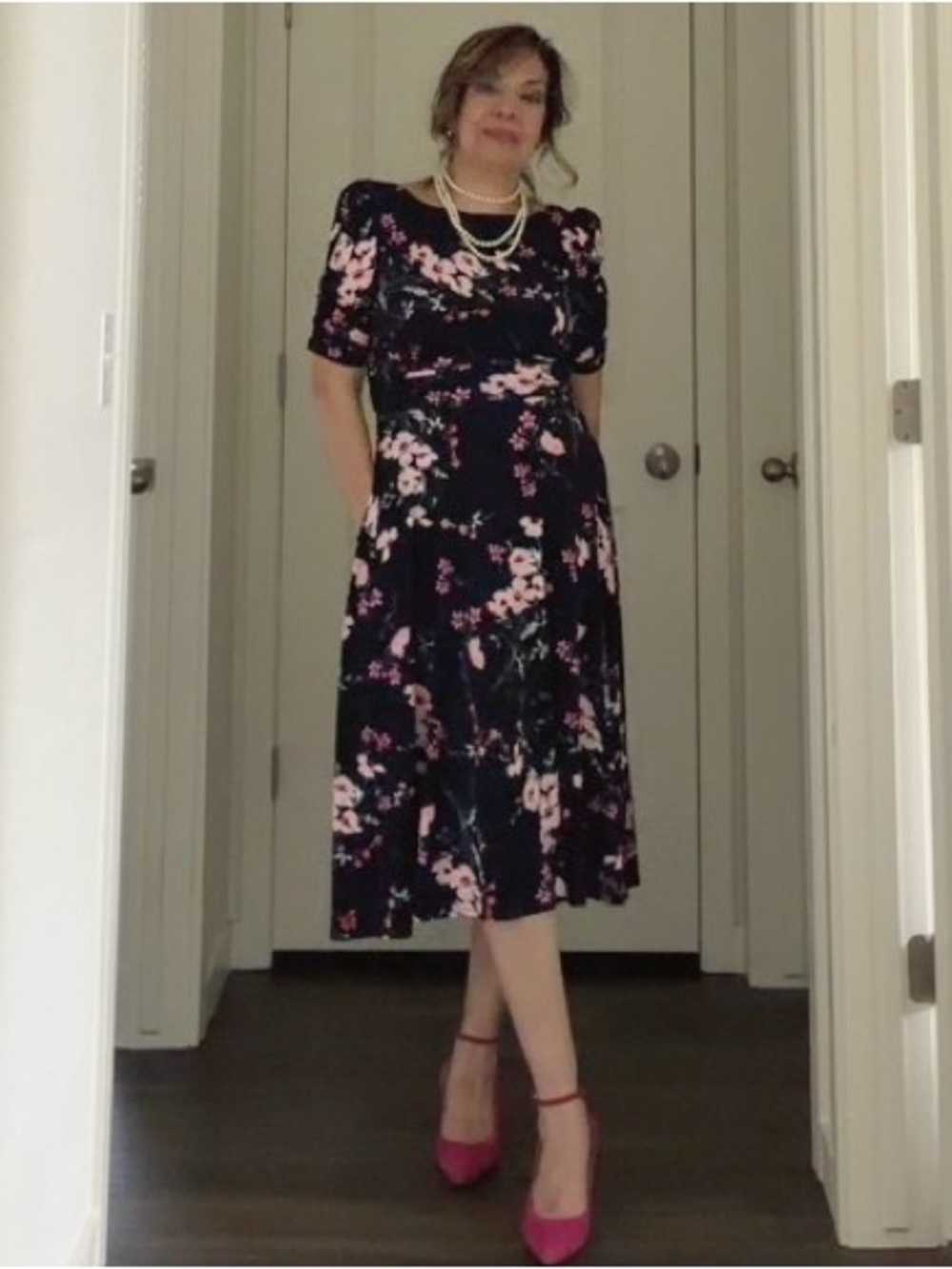 Jessica Howard Black Midi Dress with Pink Floral Print
